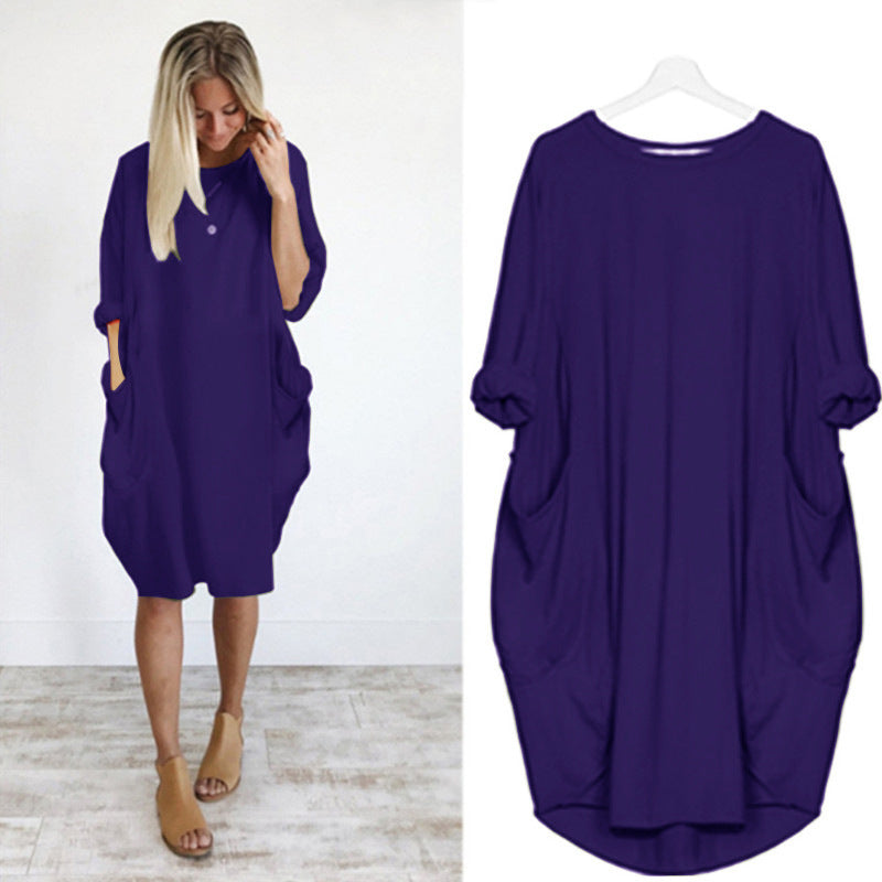 Women's Autumn Long Sleeve Round Neck Solid Color Loose Pockets Dresses