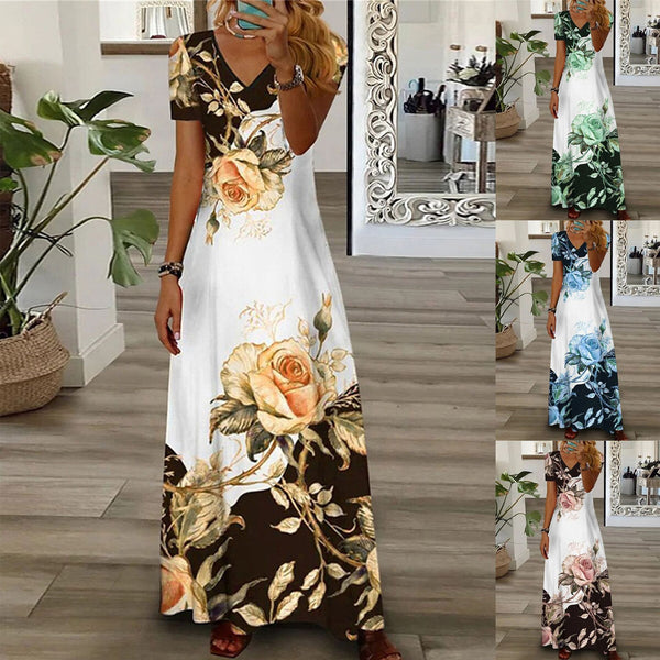 Women's Trendy Positioning Printed V-neck Short-sleeved Dresses