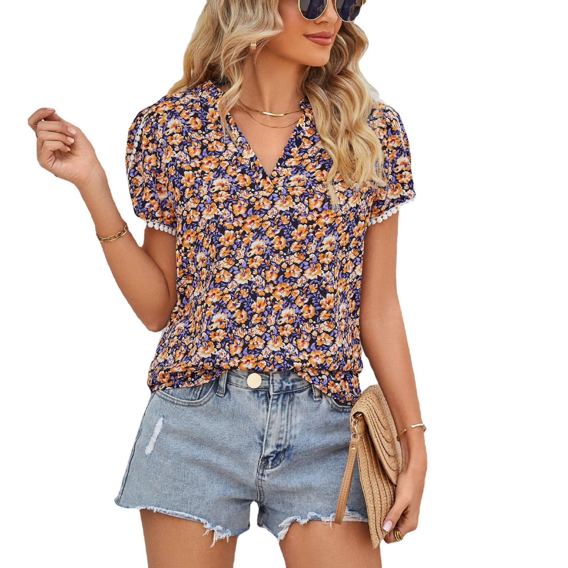 Women's Casual V-neck Floral Petal Sleeve Blouses