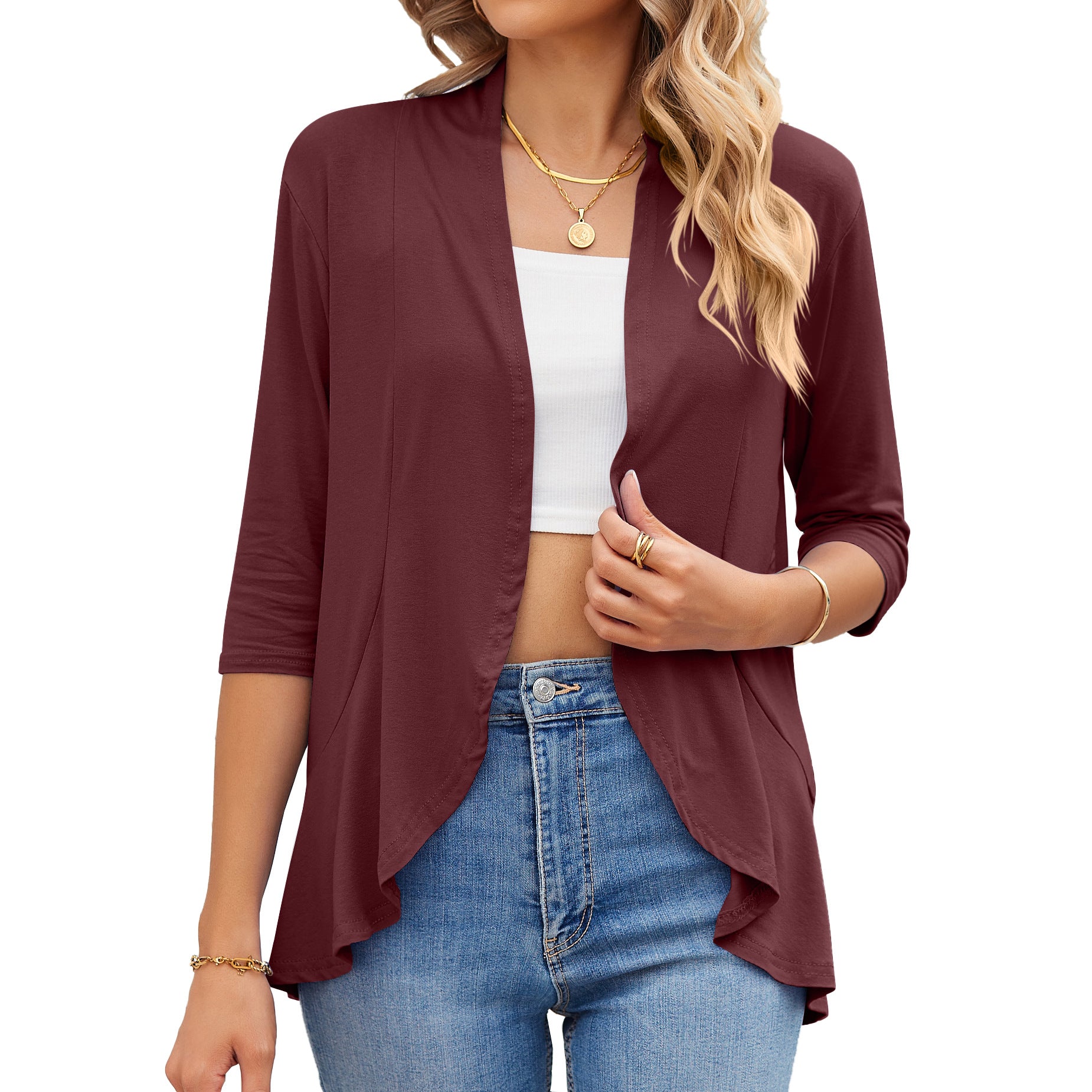 Women's Summer Solid Color Three-quarter Sleeve Ruffle Blouses