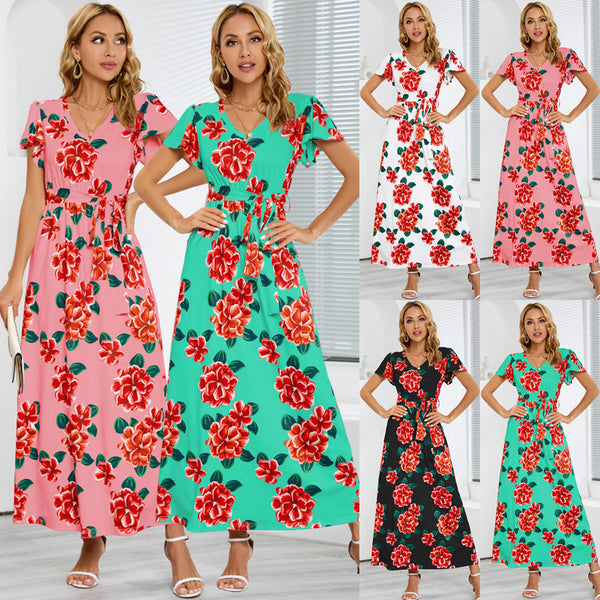 Women's Slim-fit Temperament Short-sleeved V-neck Rose Print Dresses