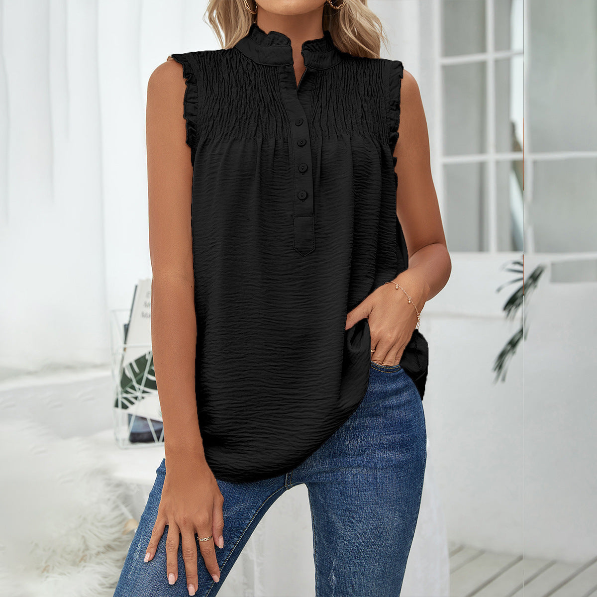 Sleeveless Turtleneck Buttons Frill Loose Casual Tops