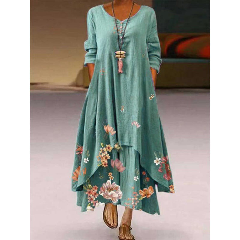 Women's Popular Printed Long-sleeved Hem Irregular Long Dresses