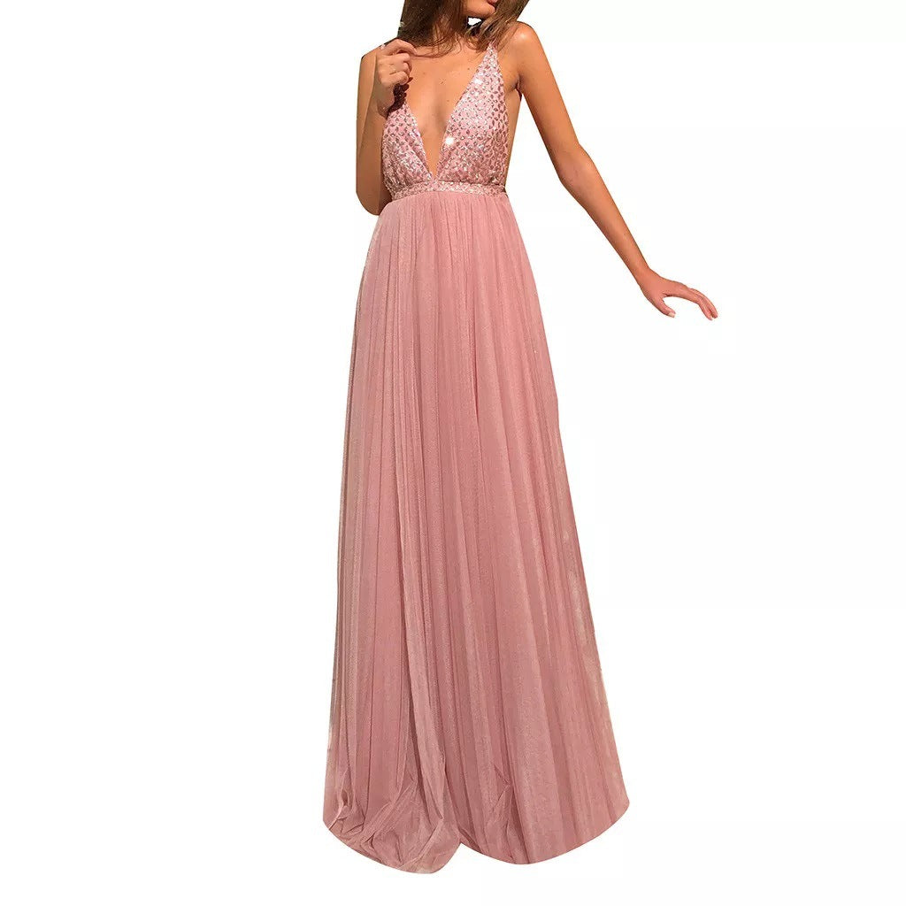 Women's Elegant Graceful Sequined Sexy V-neck Backless Long Dresses