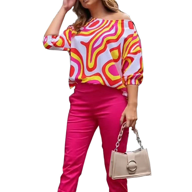 Women's Geometric Contrast Color Printed Long-sleeved Loose Blouses