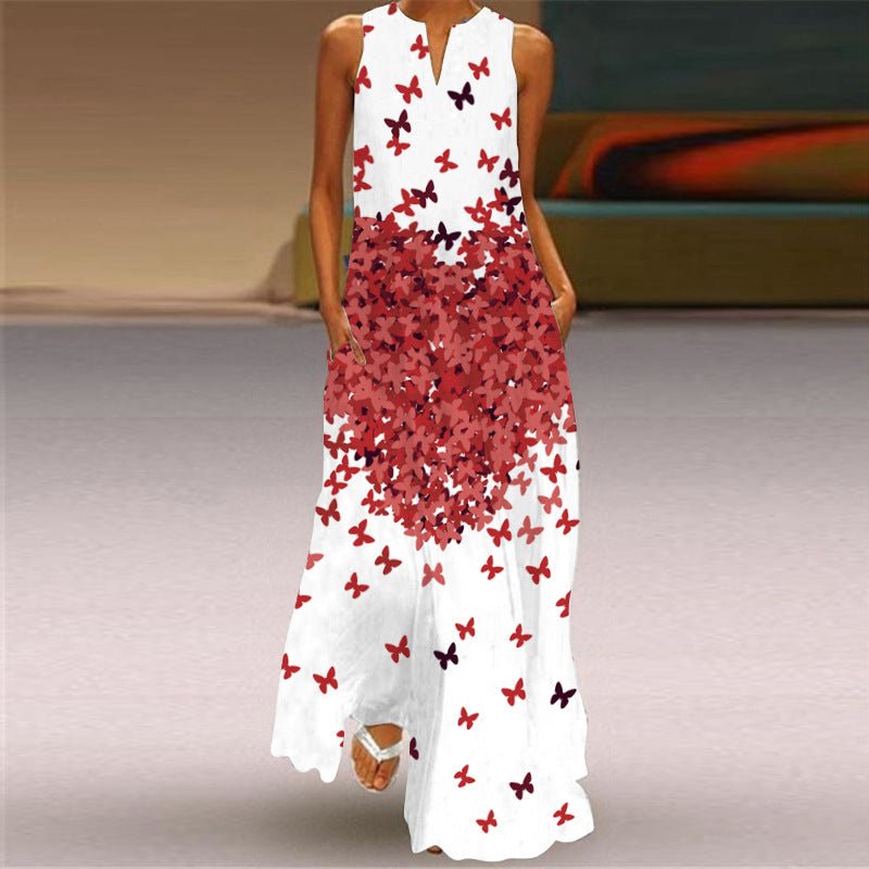 Women's Sexy Digital Printed V-neck Sleeveless Pocket Dresses
