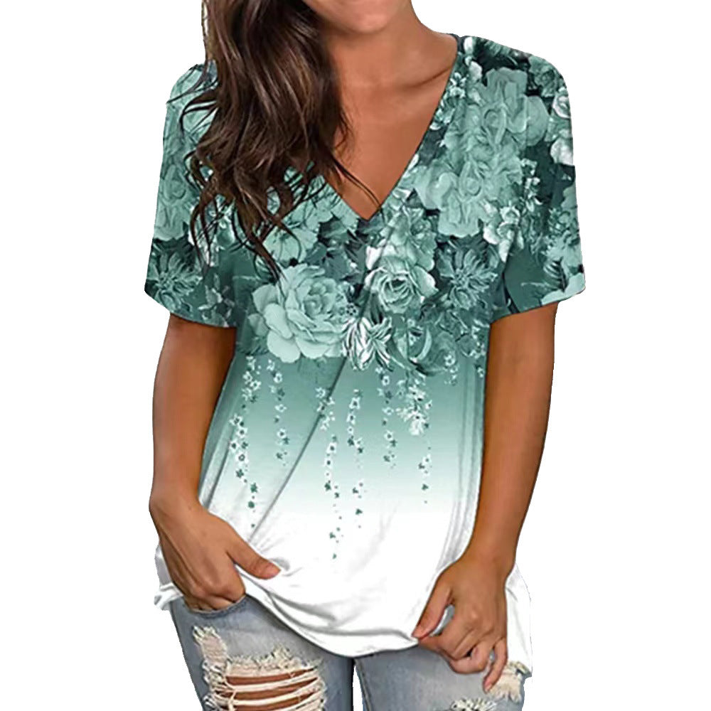 Women's Summer Floral Print Short-sleeved V-neck Blouses