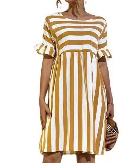 Women's Ruffled Sleeves Striped Patchwork Pocket Casual Dresses