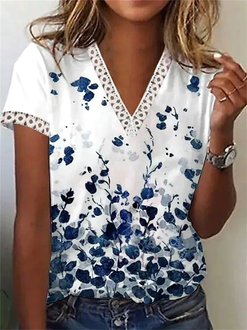 Women's Summer V-neck Printed Cuff Ruffled Sleeves Blouses