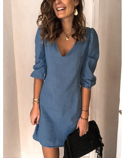 Women's Solid Color V-neck Half Sleeves Loose Dresses