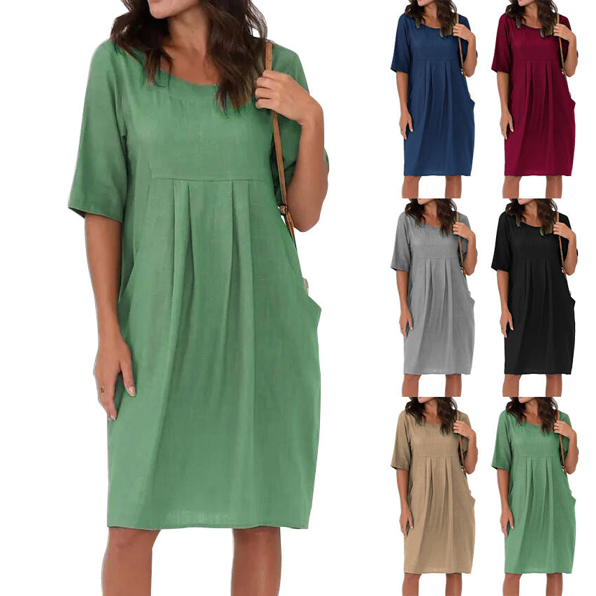 Women's Summer Linen Pleated Pocket Loose Round Dresses