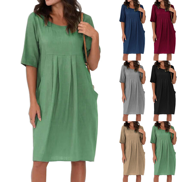 Robes rondes amples en lin plissé avec poches pour femmes, été