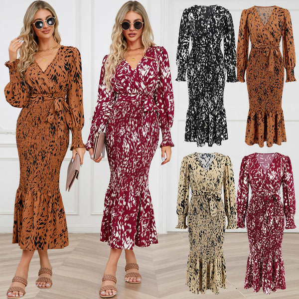 Women's French Elegant Long Dress Leopard Print Dresses