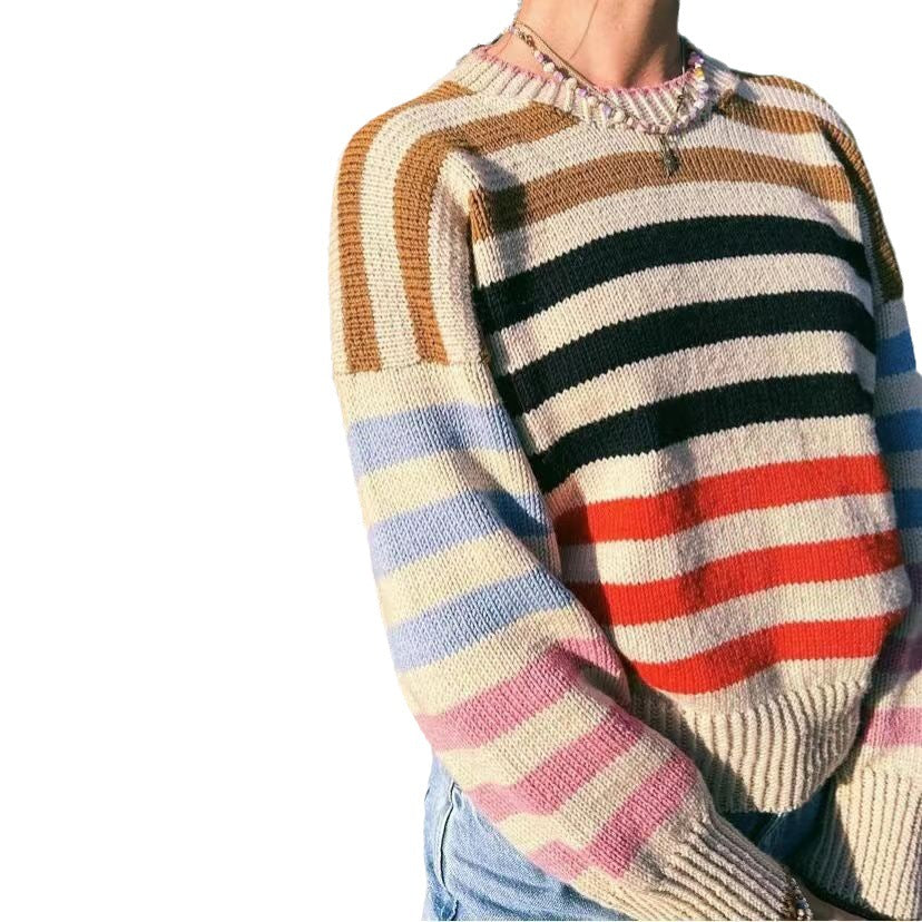 Trade Style Rainbow Contrast Color Striped Sweaters