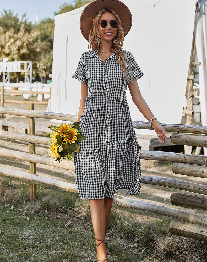 Robe d'été à carreaux pour femmes, col chemise, robes décontractées