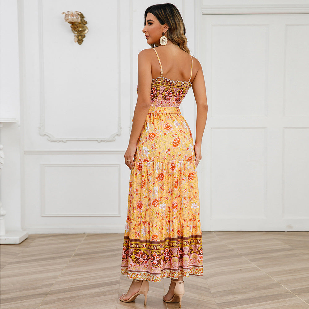 Women's Summer Tube Backless Retro Printed Long Dresses