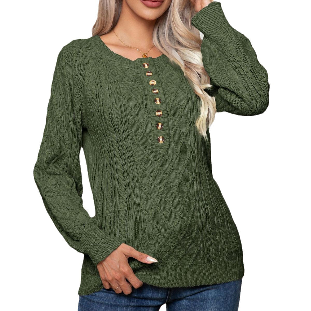 Women's Casual Button Twisted Long Sleeve Twist Sweaters