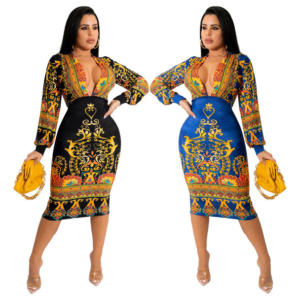 Women's Long-sleeved V-neck Digital Printed Dress Dresses