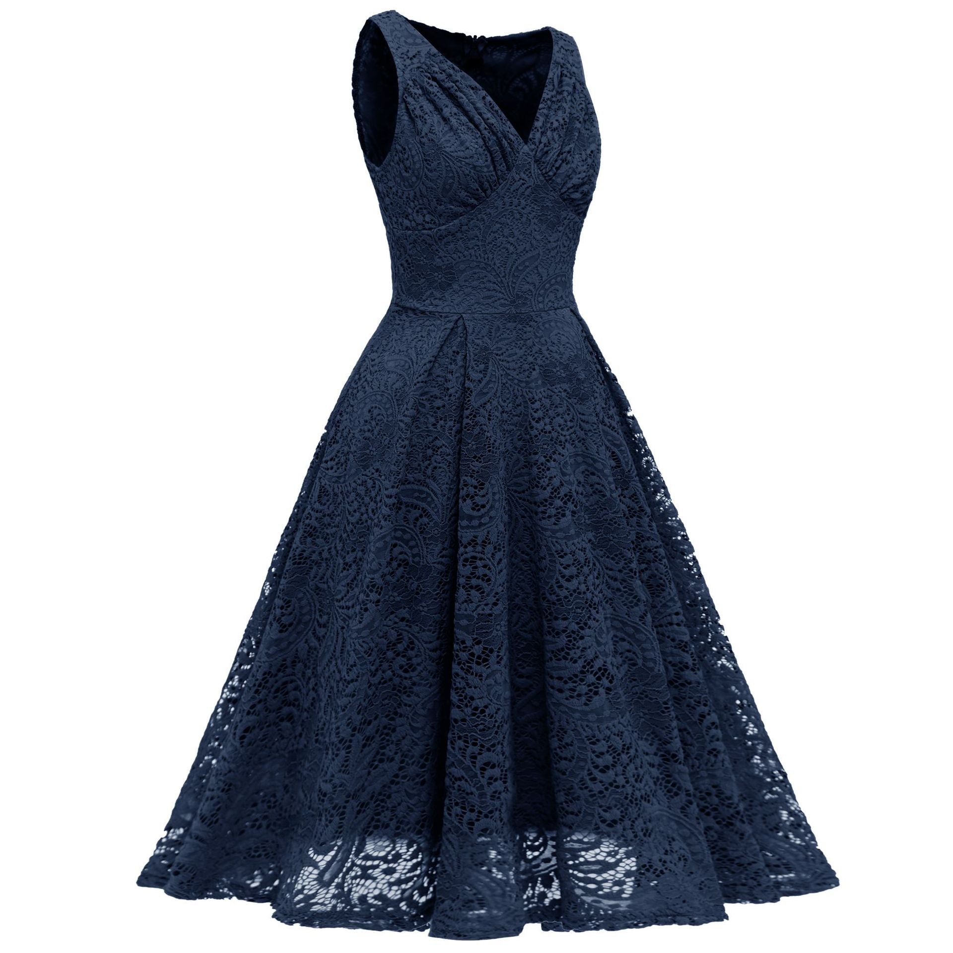 Summer V-neck Pleated Lace Waist-controlled Large Hem Mid-length Dresses