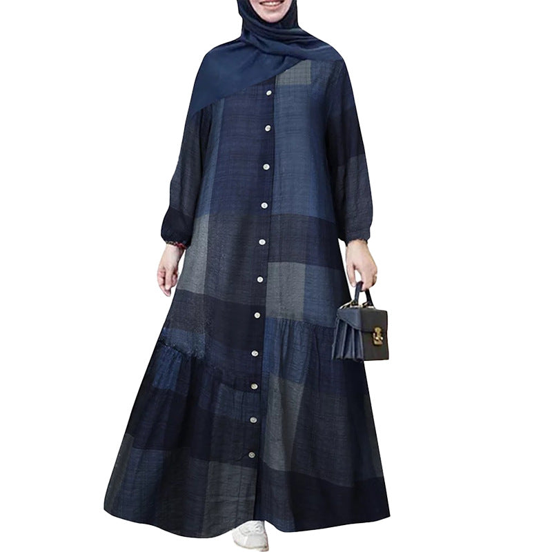 Women's Muslim Clothes Stitching Robe Cotton Long Sleeve Dresses