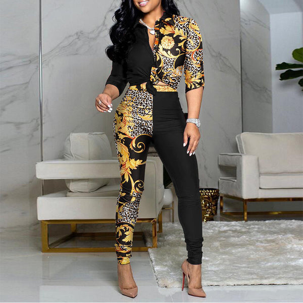 Women's Casual Color Printed Long-sleeved Lapel Shirt Suits