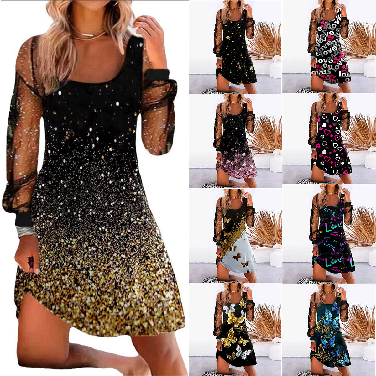 Women's New Printed Stitching Mesh Dress Dresses