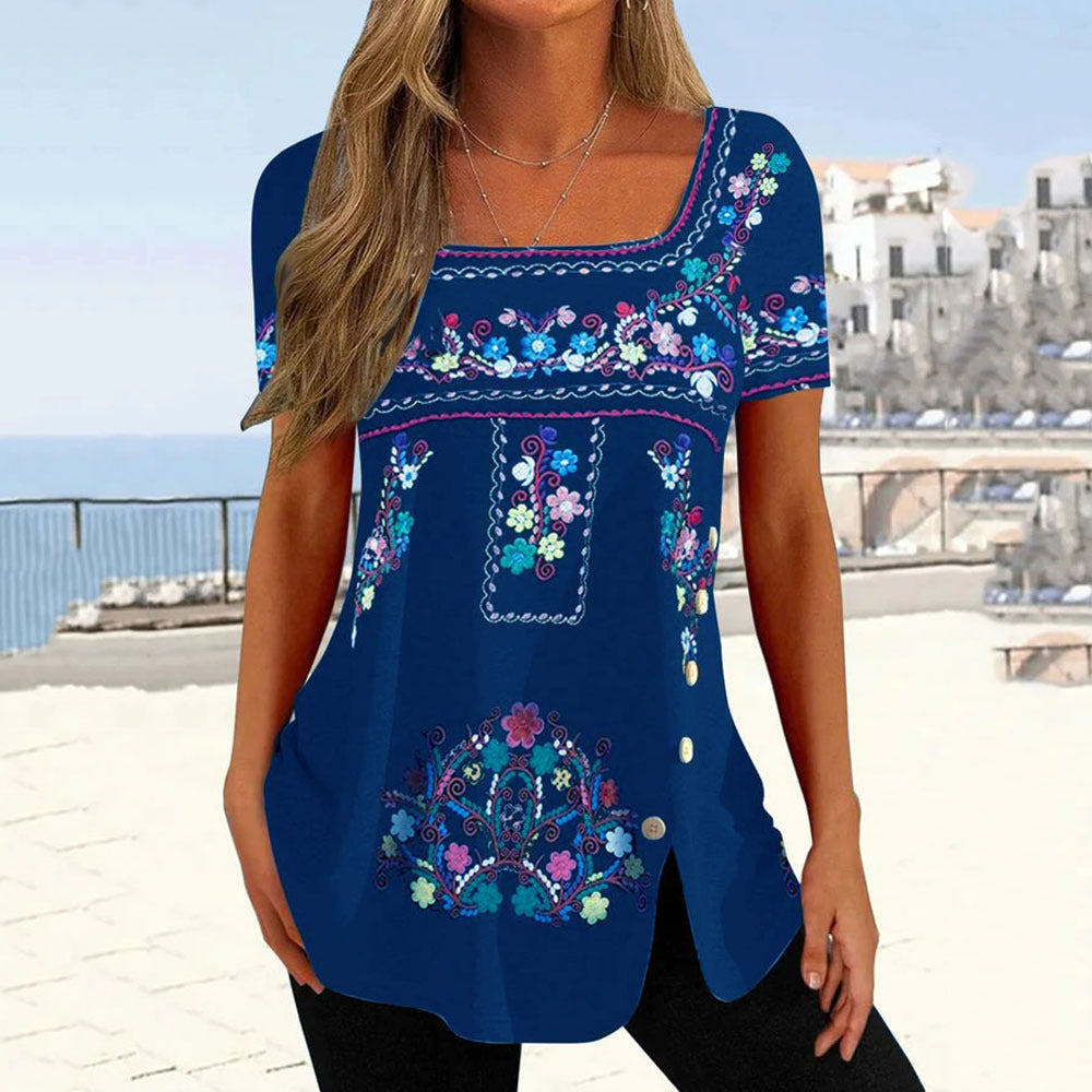 Women's Graceful Printed Button Short-sleeved T-shirt Blouses