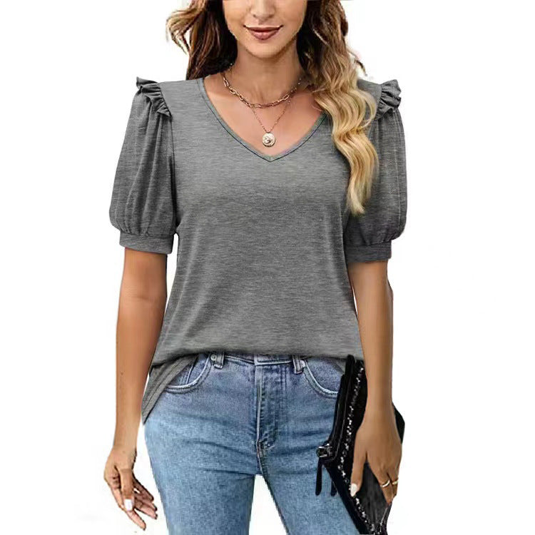 Women's Solid Color V-neck Puff Sleeve Loose Blouses