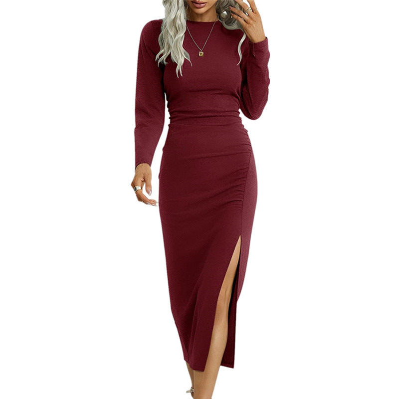 Women's Solid Color Round Long-sleeved Elegant Dress Dresses