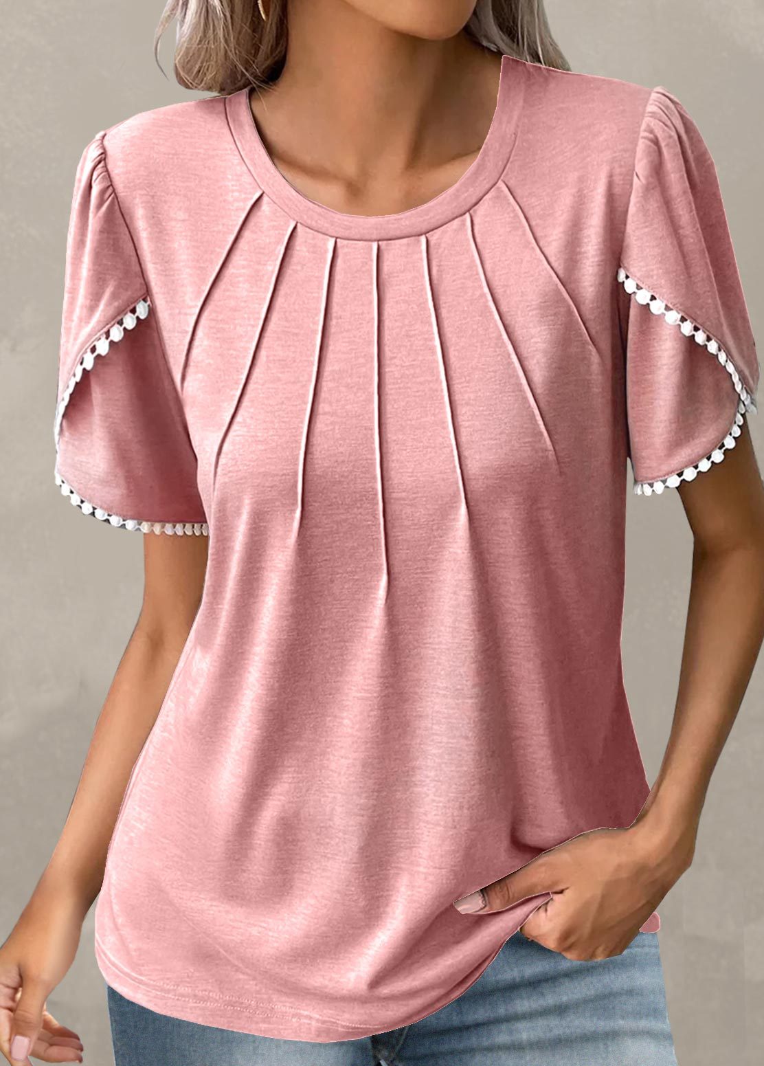 Women's Summer Round Neck Solid Color Pleated Blouses