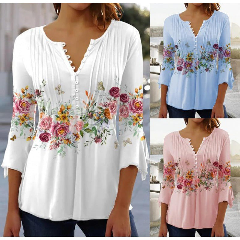 Women's Wear Floral Printed V-neck Sleeve Pleated Blouses
