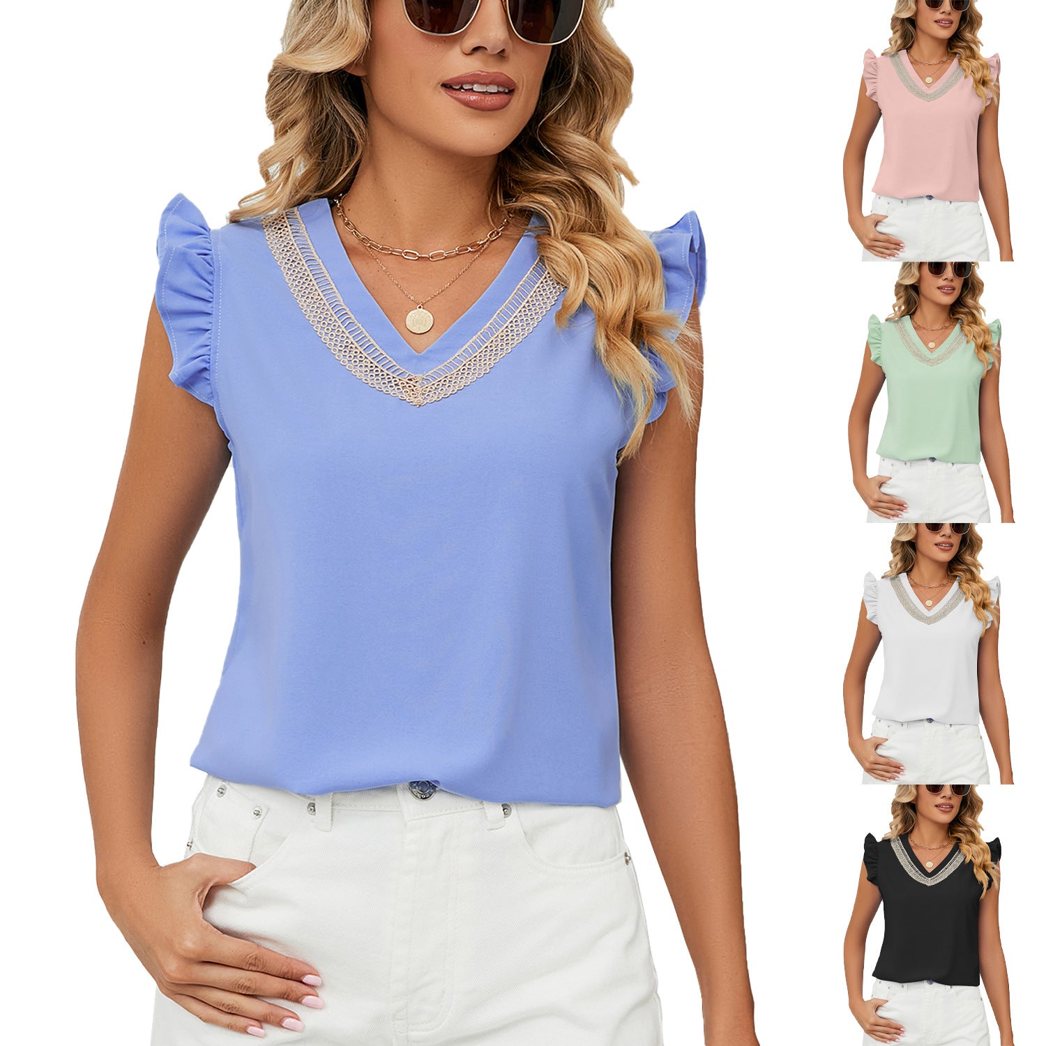 Women's Contrast Color V-neck Sleeve Loose For Blouses