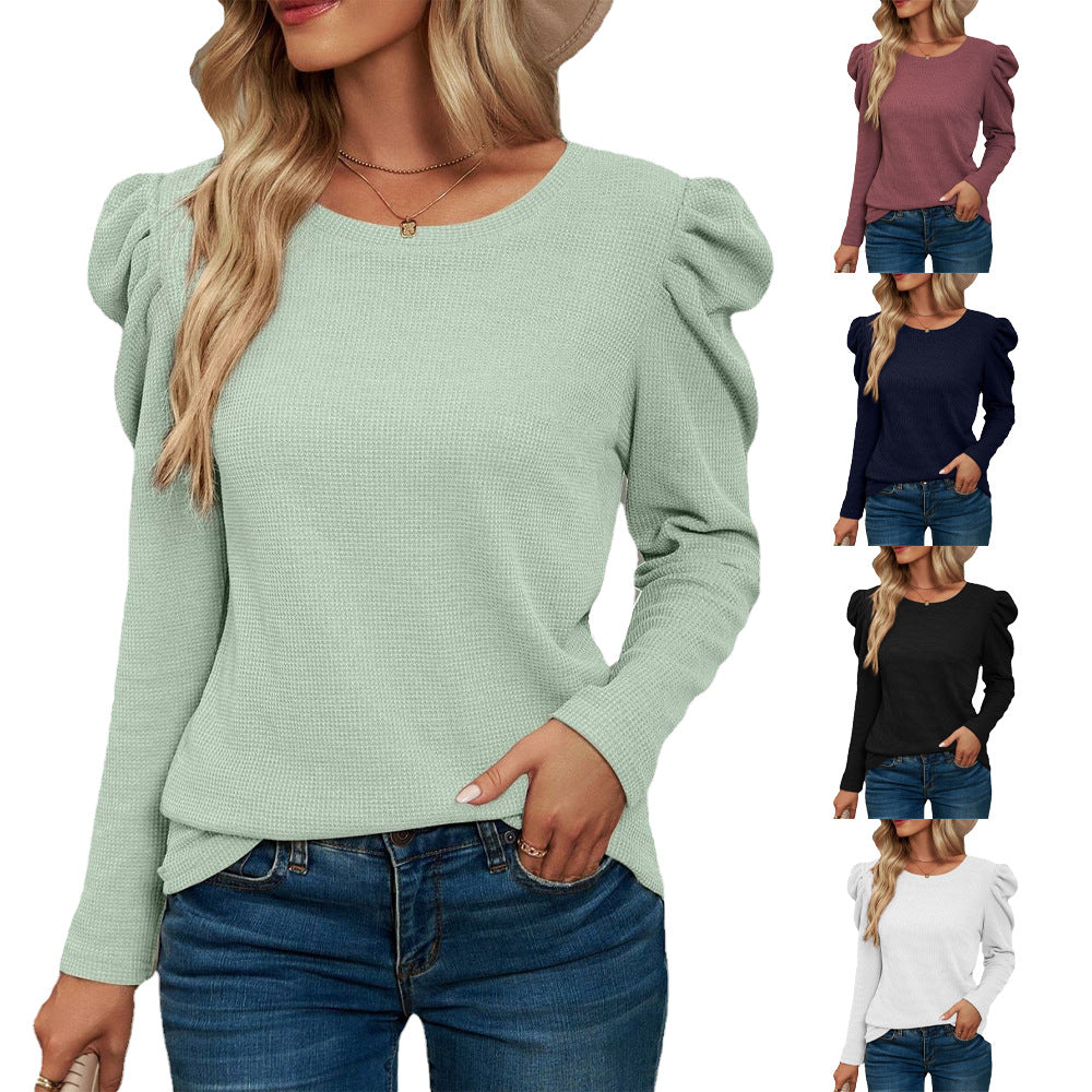 Langärmlige, plissierte Patchwork-T-Shirt-Blusen für Damen mit Rundhalsausschnitt