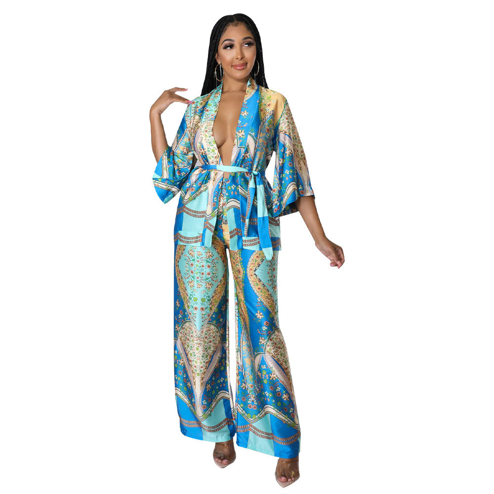 Women's Silk-like Printed Wide-leg Two-piece Multi-color Optional Suits