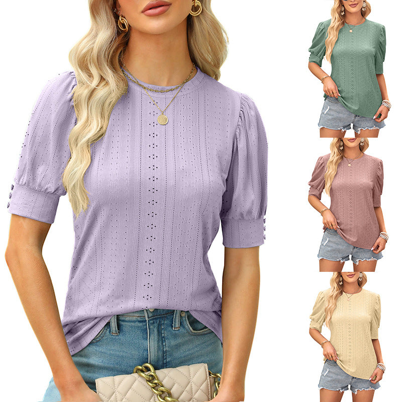 Women's Summer Round Neck Hole Hollow-out Button Blouses