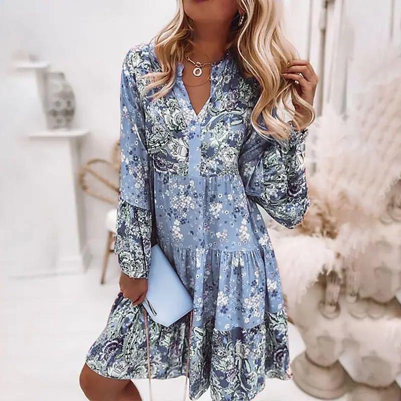 Summer Printed Loose Fashionable V-neck Pleated Dresses