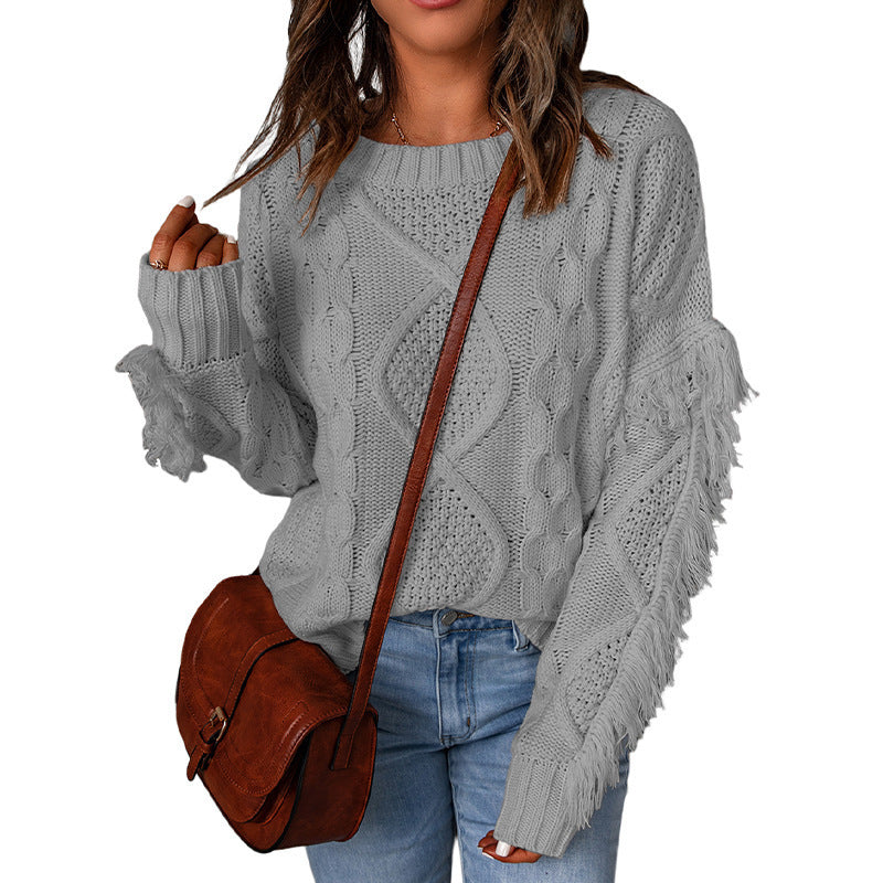 Women's Tassel Solid Color Pullover Round Neck Sweaters