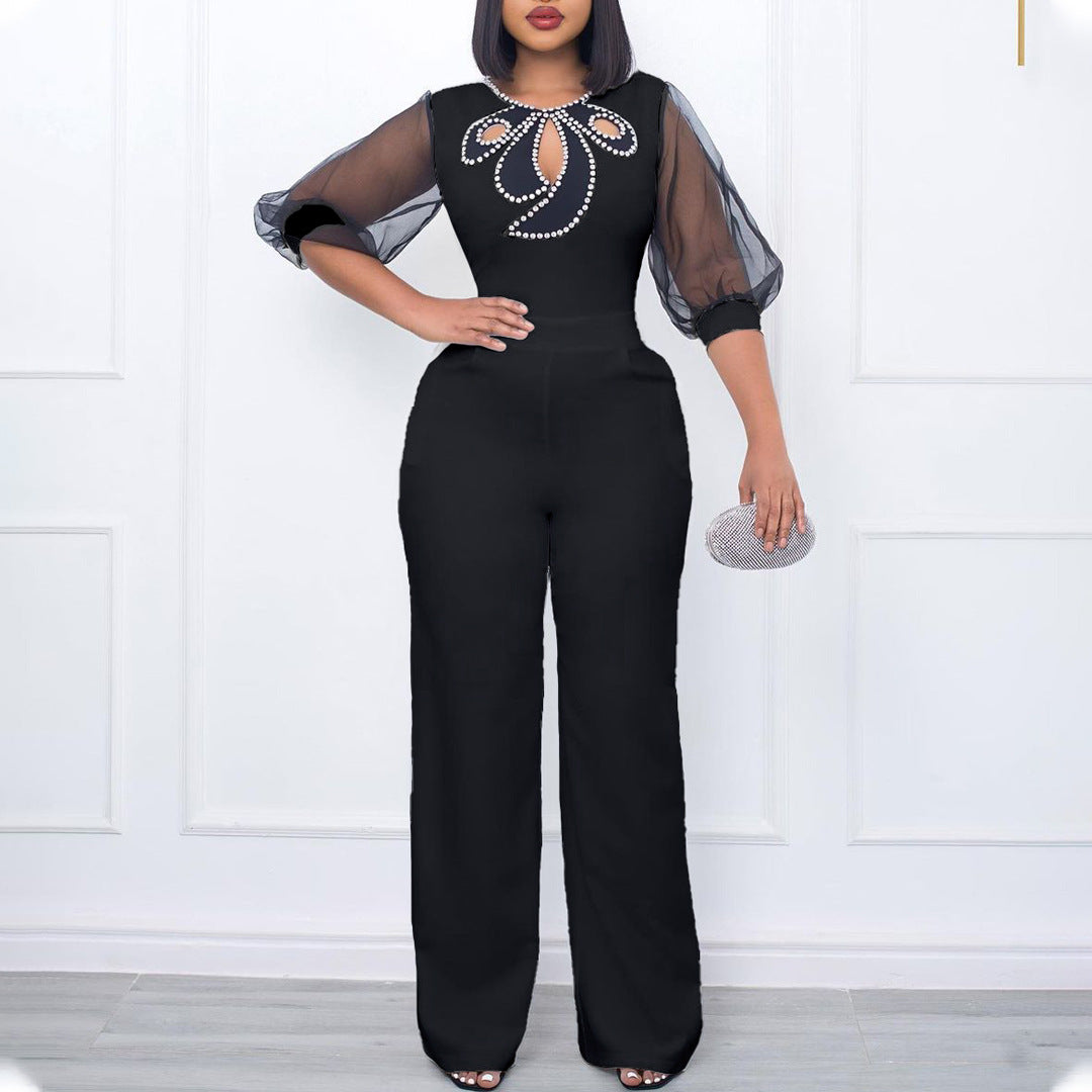 Women's Summer Sleeve Puff Beaded Sexy Wide Jumpsuits