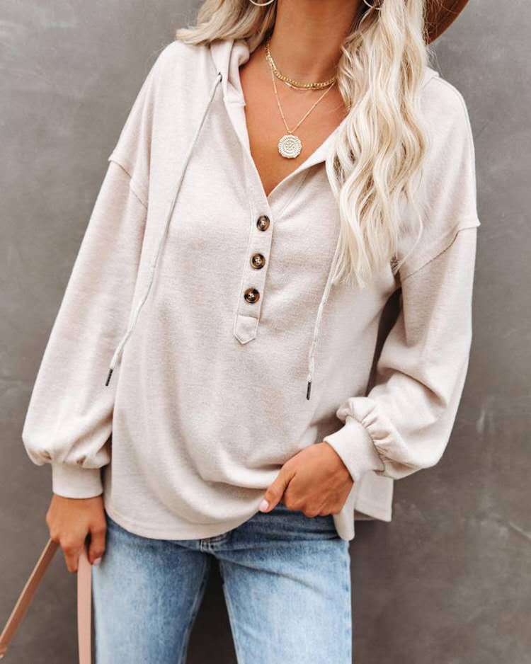 Women's Button Hoodie Casual Loose Solid Color Sweaters