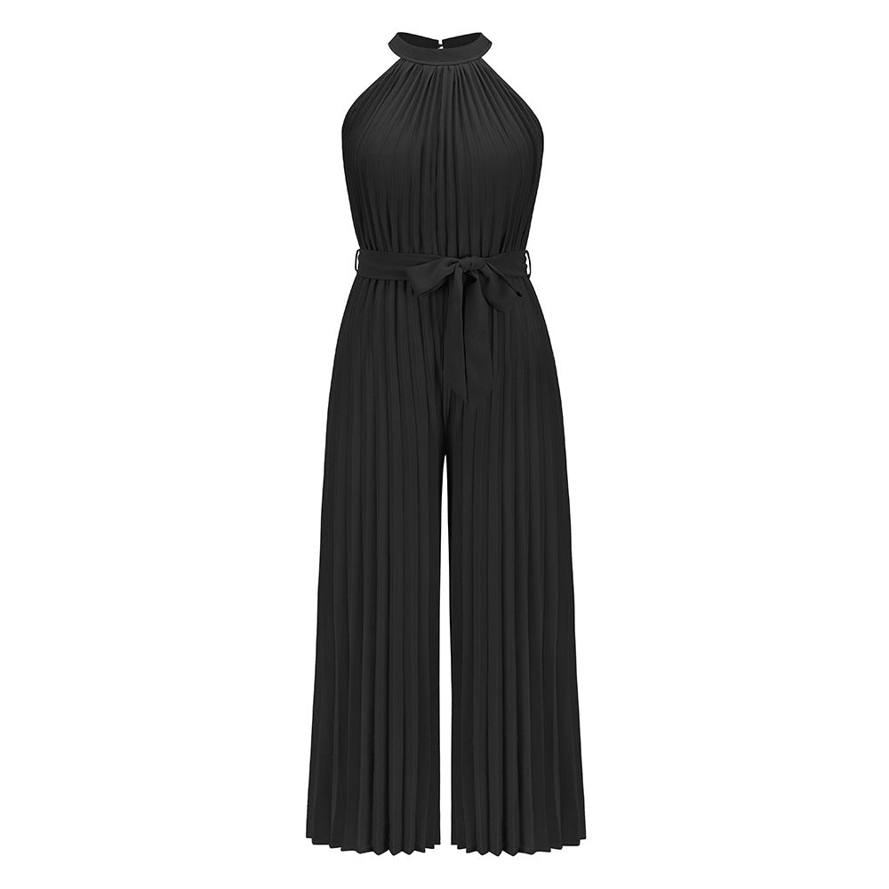 Solid Color Design Vacation Pleated Halter Jumpsuits