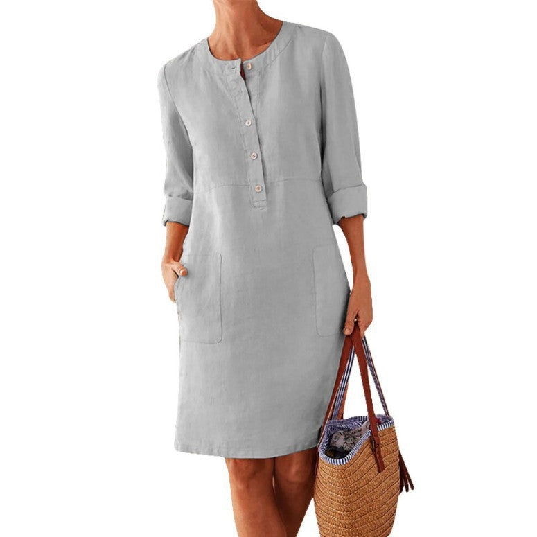 Women's Charming Spring Linen Round-neck Long-sleeved Dresses