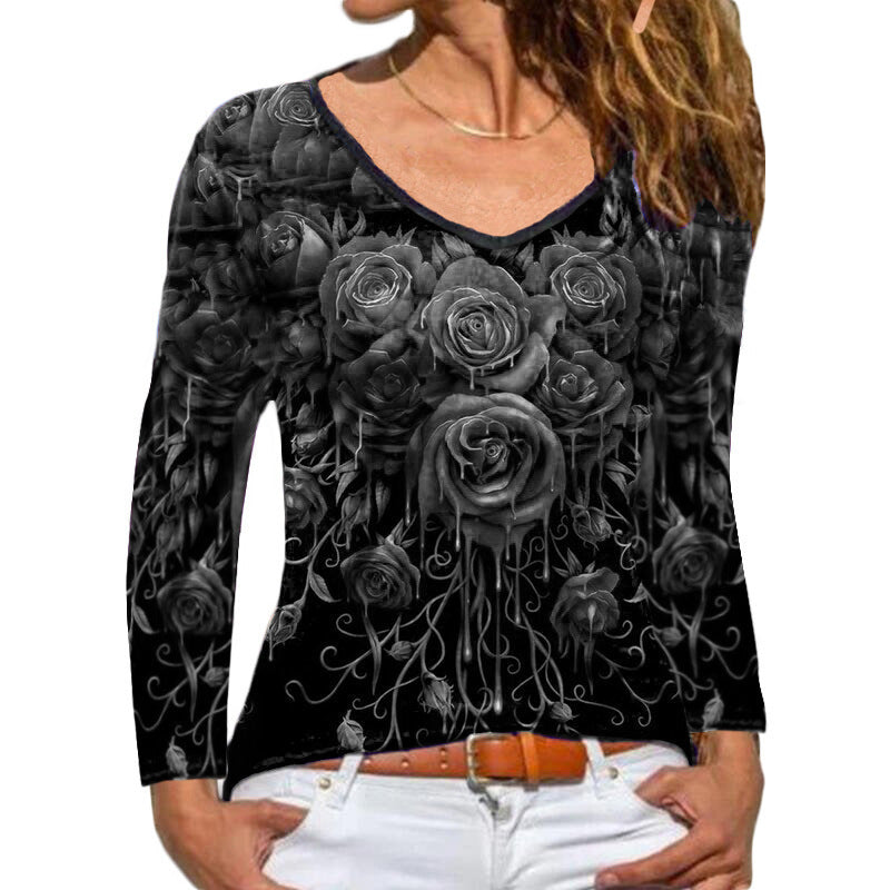 Women's Comfortable Long-sleeved Rose Printed T-shirt Blouses