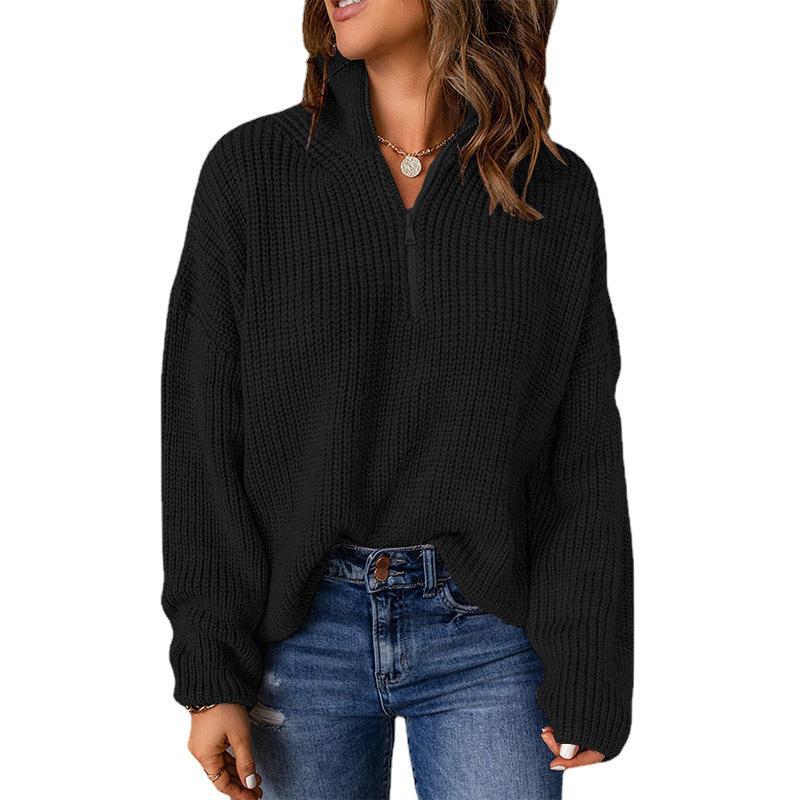 Women's Solid Color Pullover Turtleneck Zipper Loose Sweaters