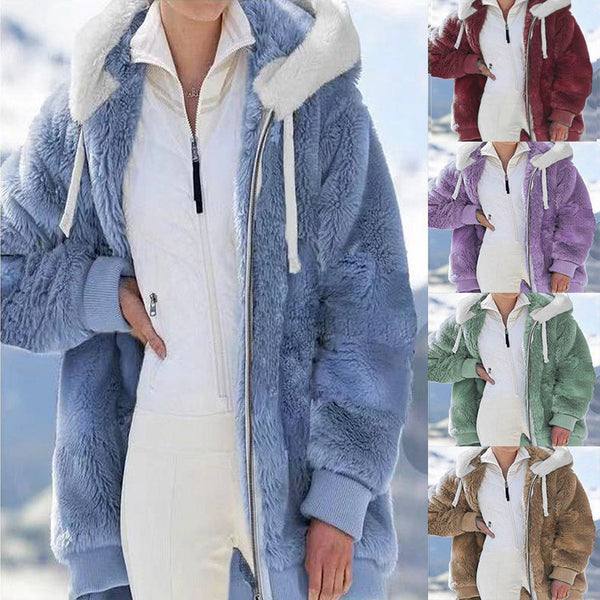 Creative Women's Loose Plush Zipper Hooded Coats