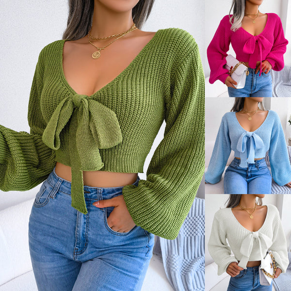 Women's Fashion Bowknot V-neck Lantern Sleeve Midriff-baring Sweaters