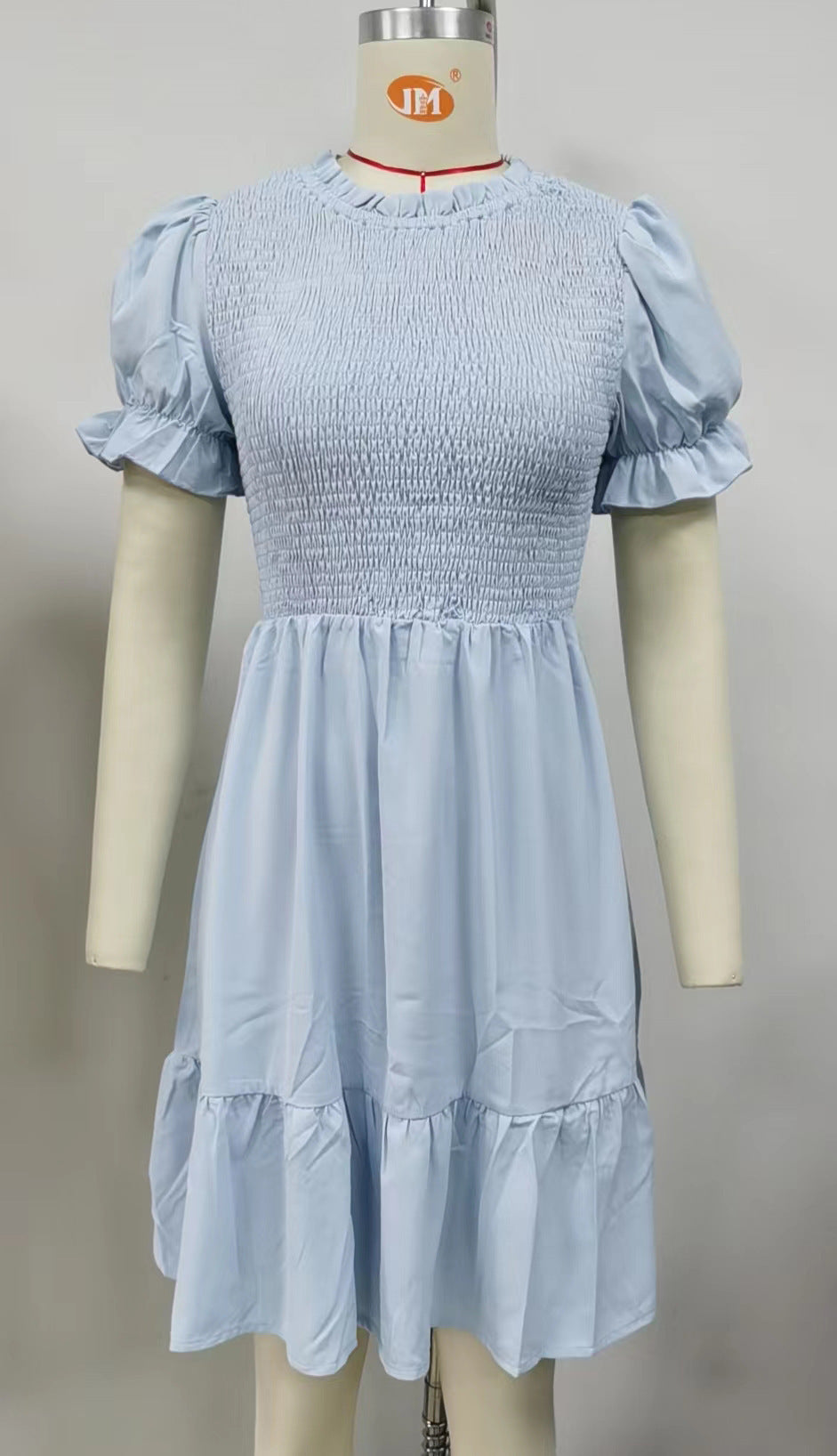 Women's Round Neck Pleated Smocking Solid Color Dresses