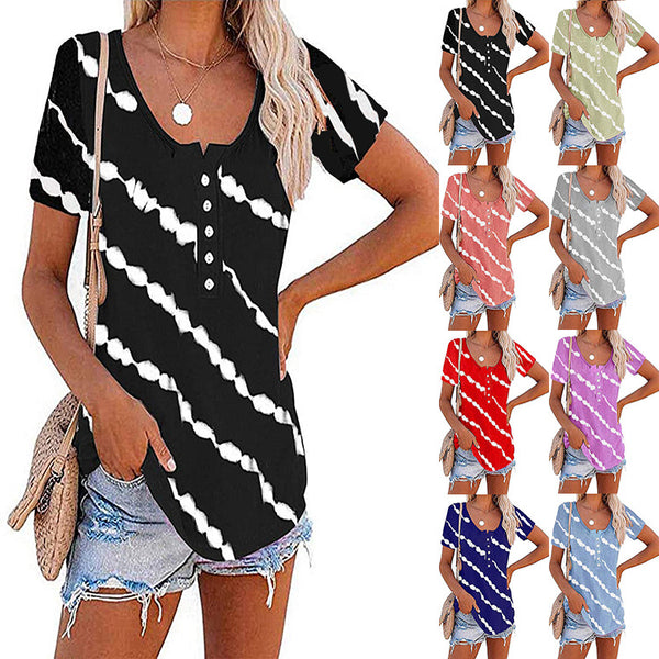 Women's Fashion Trend Neck Casual Stripe Button Sleeve Blouses