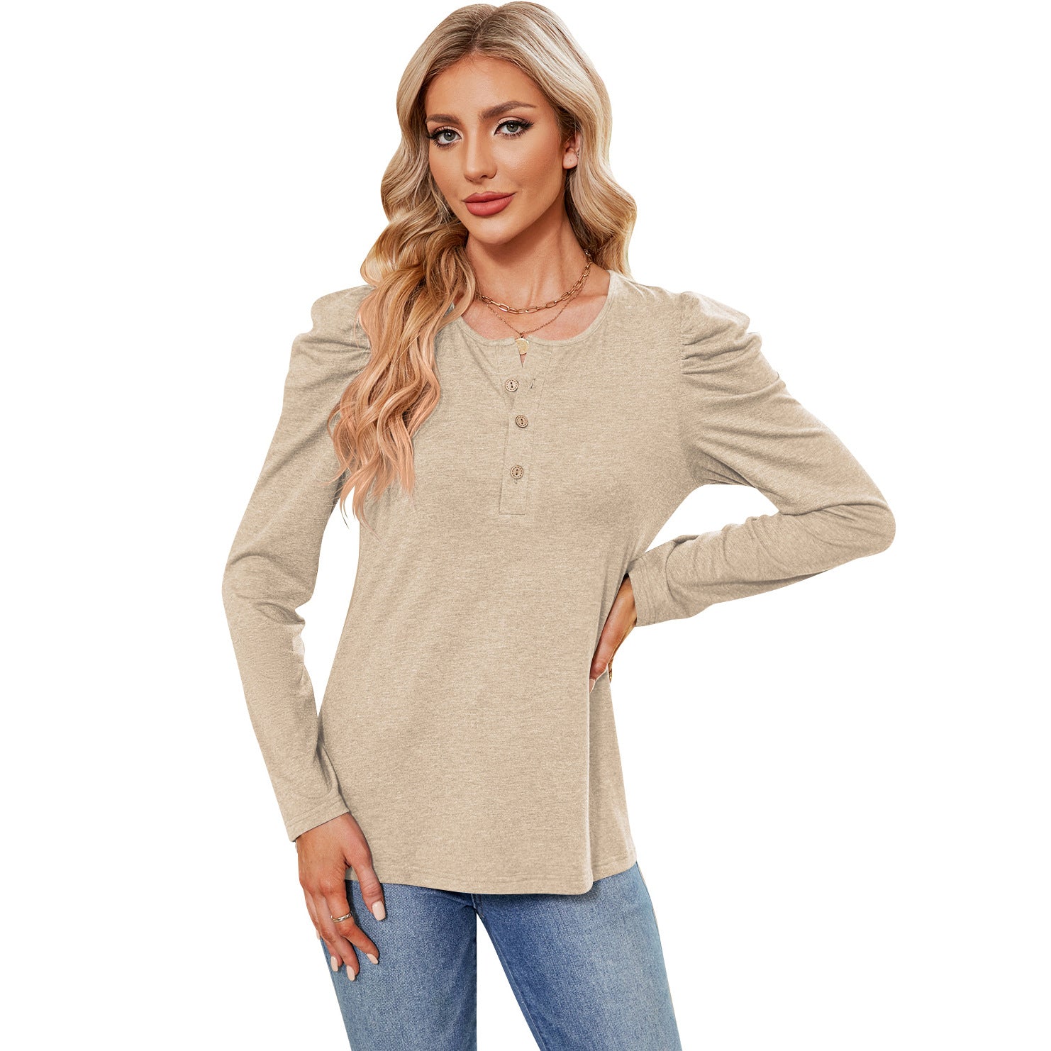 Women's Color Buttons Round Neck Puff Sleeve Blouses