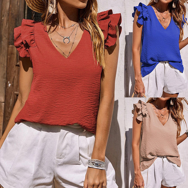 Women's Trendy V-neck Ruffled Summer Sleeveless Blouses