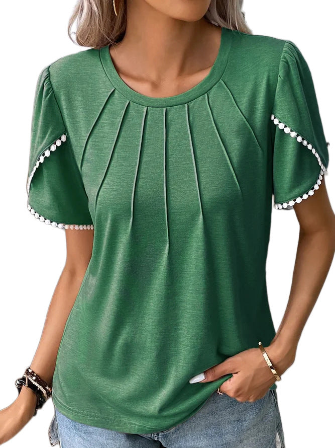 Women's Summer Round Neck Solid Color Pleated Blouses